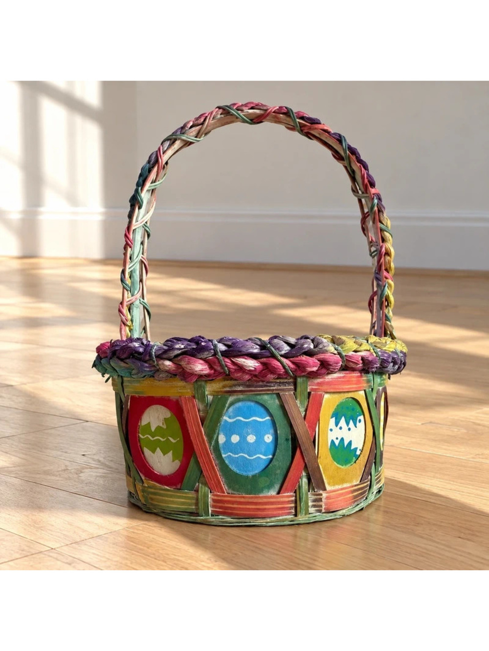 Vintage 1990s Hand Painted Woven Easter Basket Colorful Egg Spring Decor